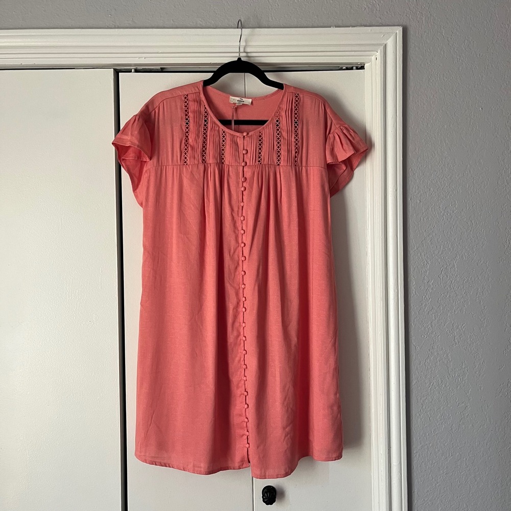 Entro Coral Pink Ruffle Sleeve Button Front Dress Casual Summer